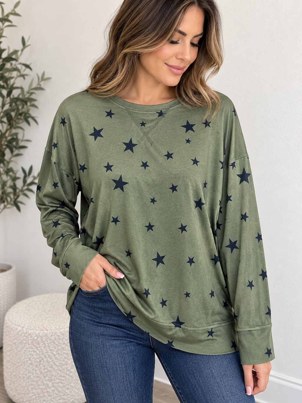 Olive Star Print Relaxed Crew Sweatshirt
